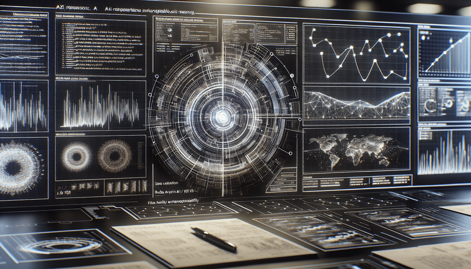 Une interface utilisateur futuriste affichant des lignes de code complexes et des schémas logiques, avec des graphiques d'analyse de données en arrière-plan. L'accent est mis sur la clarté et l'interprétabilité du raisonnement IA.