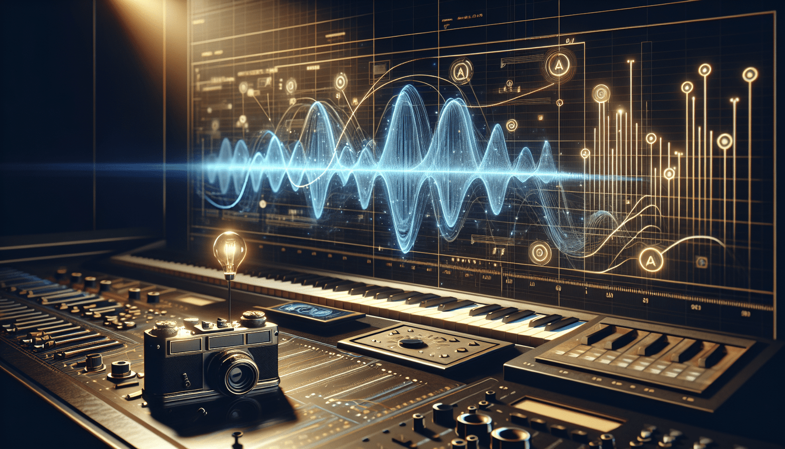 Une interface utilisateur futuriste et épurée montrant des spectres sonores analysés par une IA, avec des graphiques lumineux superposés sur des données musicales. En arrière-plan, des icônes stylisées représentant Bridge, Musiio, Cyanite et Aims. Ambiance de data visualisation et de précision.