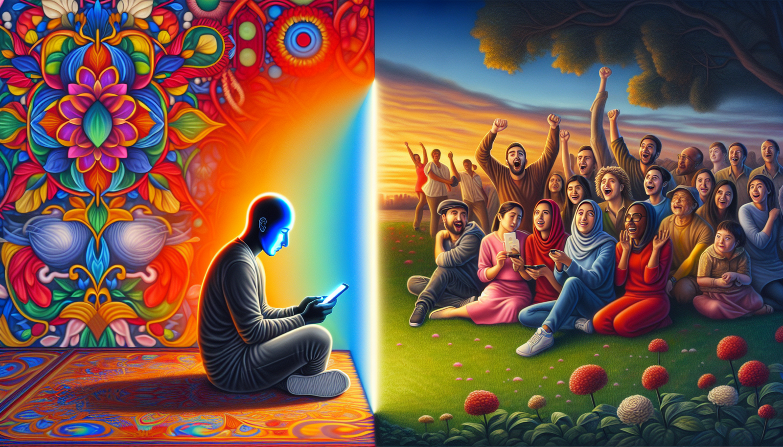 A split image. On one side, a solitary person gazing thoughtfully at a glowing digital screen, representing a deep connection with an AI companion. On the other side, a vibrant, diverse group of people laughing and interacting joyfully in a park, symbolizing rich, real-life human connections. The contrasting scenes are subtly blended, highlighting choice and balance. Modern art style, vibrant colors.