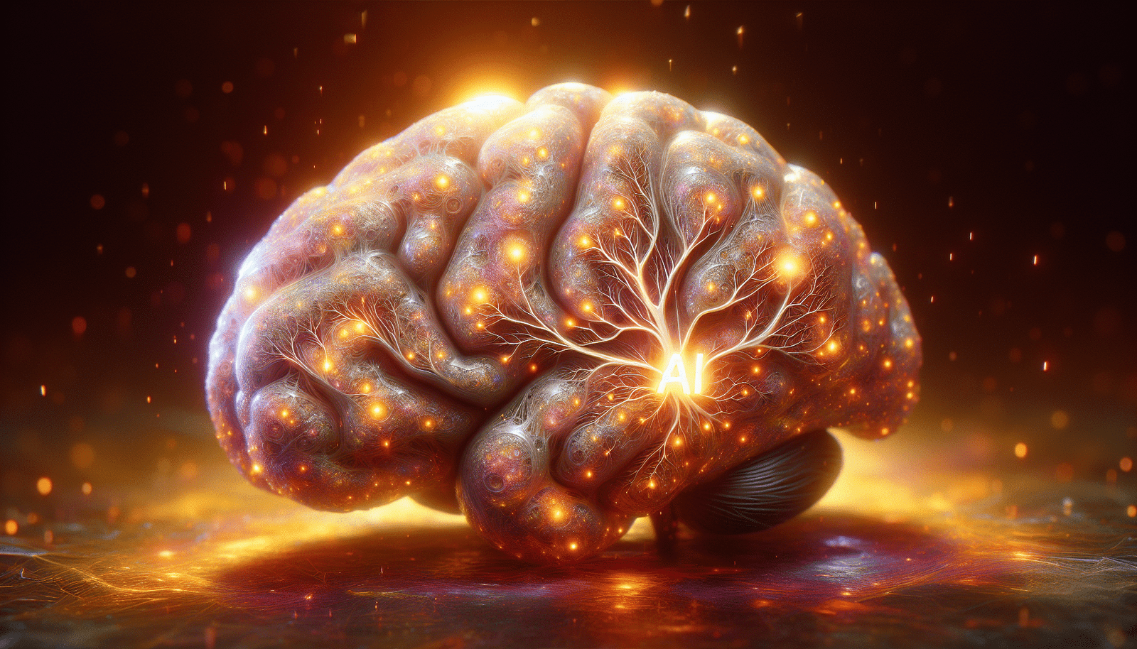 Un réseau neuronal complexe et lumineux à l'intérieur d'un cerveau stylisé, avec des symboles d'intelligence artificielle subtilement intégrés, rayonnant d'énergie positive et de croissance. Les couleurs sont vives et expansives, suggérant une augmentation des capacités et une synergie harmonieuse.