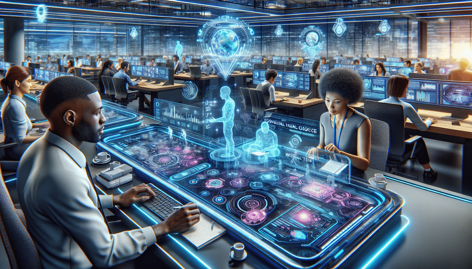 A modern newsroom bustling with activity, but with a futuristic twist: a journalist uses a transparent touchscreen interface showing real-time data analysis and fact-checking results powered by AI. Holographic projections display complex information, while the journalist remains central, symbolizing human oversight and ethical decision-making amidst advanced technology.