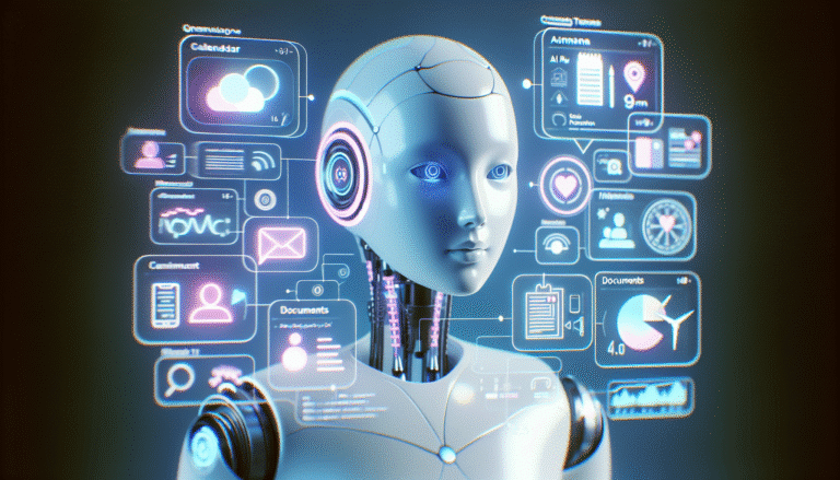 Une illustration stylisée de l'assistant IA "Kruti" avec une interface utilisateur élégante, montrant des bulles de dialogue et des icônes représentant des tâches complexes (calendrier, carte, documents, images) s'organisant de manière fluide. Lumière douce et futuriste, couleurs pastel et néon. Style minimaliste et intuitif.