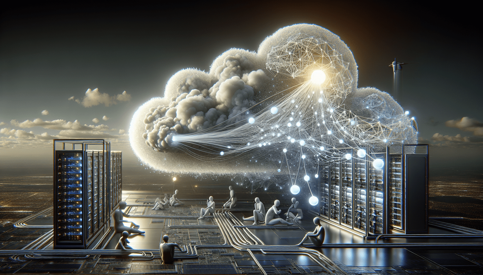 A stylized representation of OpenAI's neural network connecting seamlessly with Google Cloud's infrastructure. Data packets are flowing rapidly between them, with a glowing, intricate network visible. Futuristic, clean lines, conveying efficiency and high-speed processing.