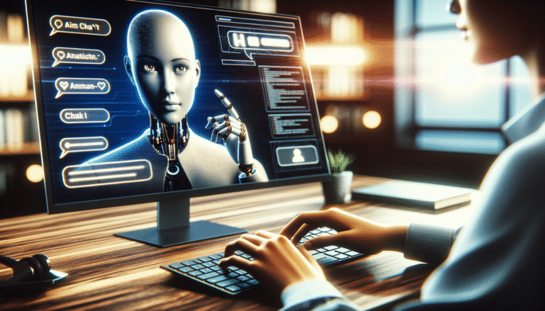 Un bureau moderne avec un écran affichant un chat IA (type ChatGPT), des mains (humaines) tapant sur un clavier avec une expression concentrée mais sereine. Lumière douce, ambiance tech, un peu futuriste mais accessible. Style réaliste et inspirant.