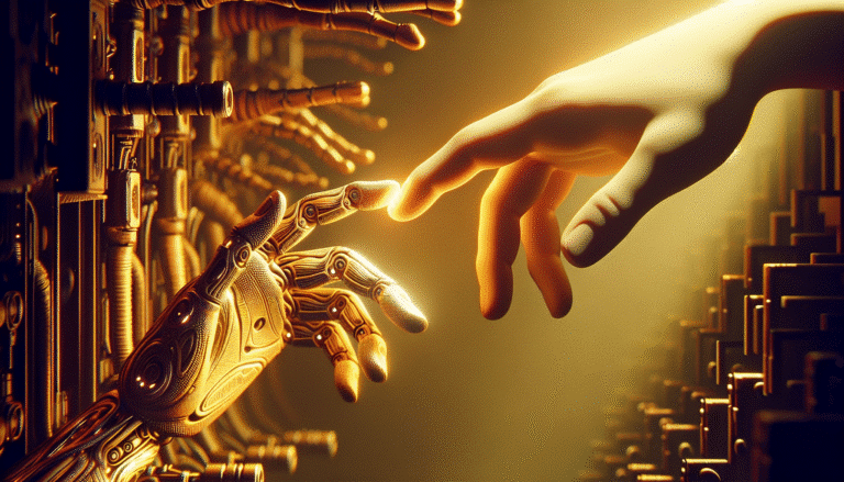A futuristic scene showing a person interacting with a holographic or virtual companion, displaying emotions of comfort and connection. The human's hand gently reaches towards a shimmering, ethereal AI form. Soft, warm lighting, high-tech, clean aesthetic. Represents the evolving nature of relationships with AI in a modern setting.