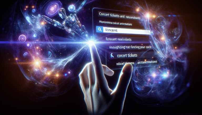 Une main humaine tendue vers une interface numérique lumineuse symbolisant Google Search, qui se transforme en une entité IA assistante et multi-tâches, visualisant des billets de concert et des réservations de restaurant. Concept abstrait et interactif, lumières bleues et violettes.