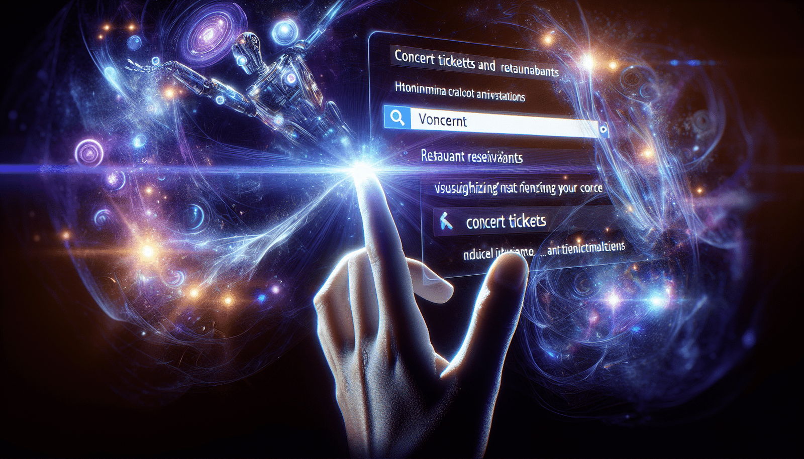 Une main humaine tendue vers une interface numérique lumineuse symbolisant Google Search, qui se transforme en une entité IA assistante et multi-tâches, visualisant des billets de concert et des réservations de restaurant. Concept abstrait et interactif, lumières bleues et violettes.