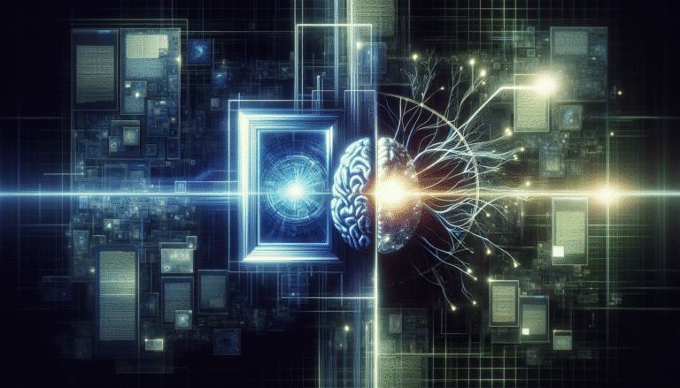 Two abstract corporate logos, one representing Microsoft (a stylized blue window) and one representing OpenAI (a symbolic, glowing neural network brain icon), are intertwined with a digital "contract" document. The background is a futuristic, glowing network grid, symbolizing the high-stakes tech industry. The mood is tense, depicting a power struggle over a central glowing orb labeled "AGI". Colors are sleek and tech-oriented, with blues, greens, and purples dominating.
