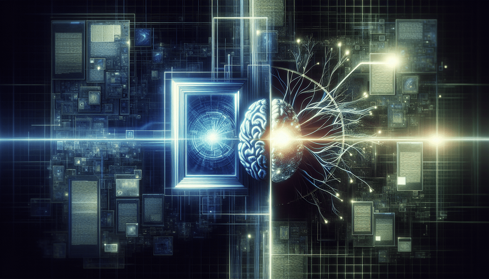 Two abstract corporate logos, one representing Microsoft (a stylized blue window) and one representing OpenAI (a symbolic, glowing neural network brain icon), are intertwined with a digital "contract" document. The background is a futuristic, glowing network grid, symbolizing the high-stakes tech industry. The mood is tense, depicting a power struggle over a central glowing orb labeled "AGI". Colors are sleek and tech-oriented, with blues, greens, and purples dominating.
