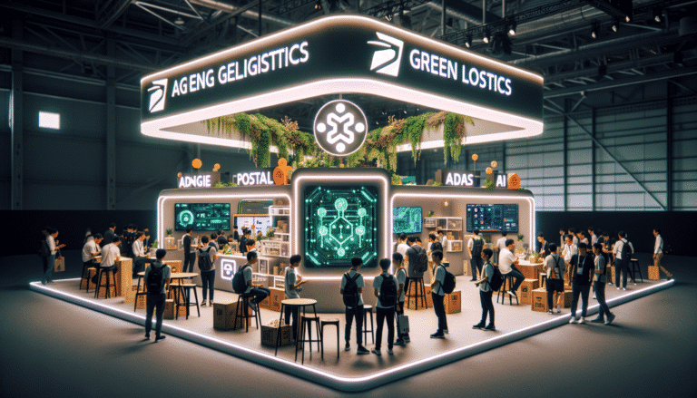 Une illustration dynamique du stand de La Poste à VivaTech, montrant des visiteurs interagir avec des démonstrations d'IA et de logistique verte. Le design est moderne et lumineux, avec le logo de La Poste et des éléments futuristes intégrant des symboles de circuits imprimés et de plantes. Vue de face, style engageant et innovant.