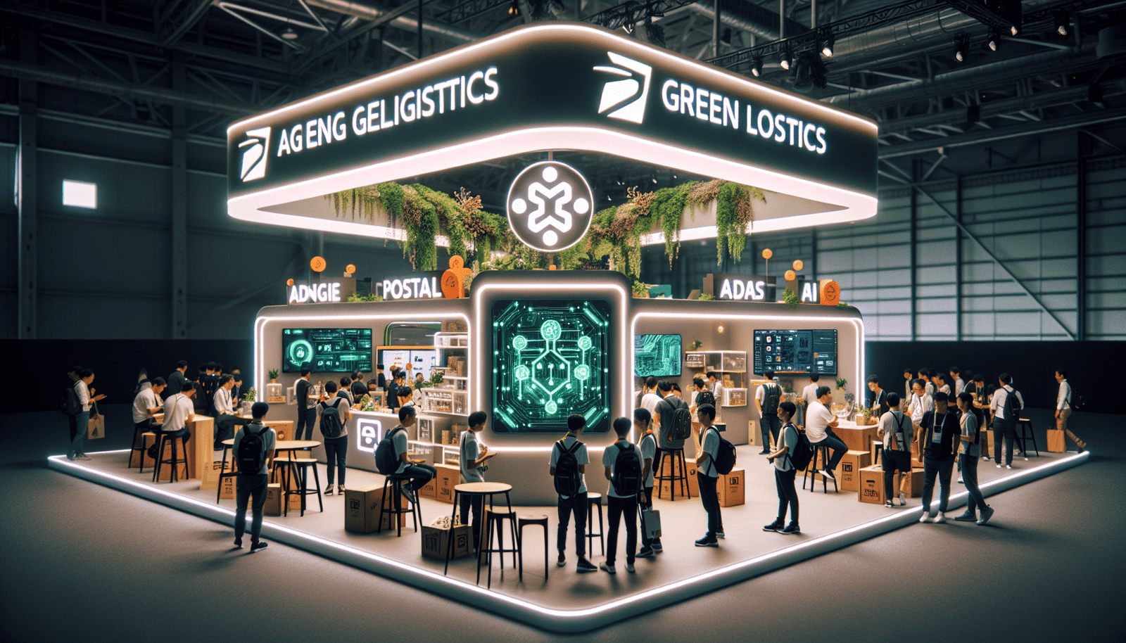 Une illustration dynamique du stand de La Poste à VivaTech, montrant des visiteurs interagir avec des démonstrations d'IA et de logistique verte. Le design est moderne et lumineux, avec le logo de La Poste et des éléments futuristes intégrant des symboles de circuits imprimés et de plantes. Vue de face, style engageant et innovant.