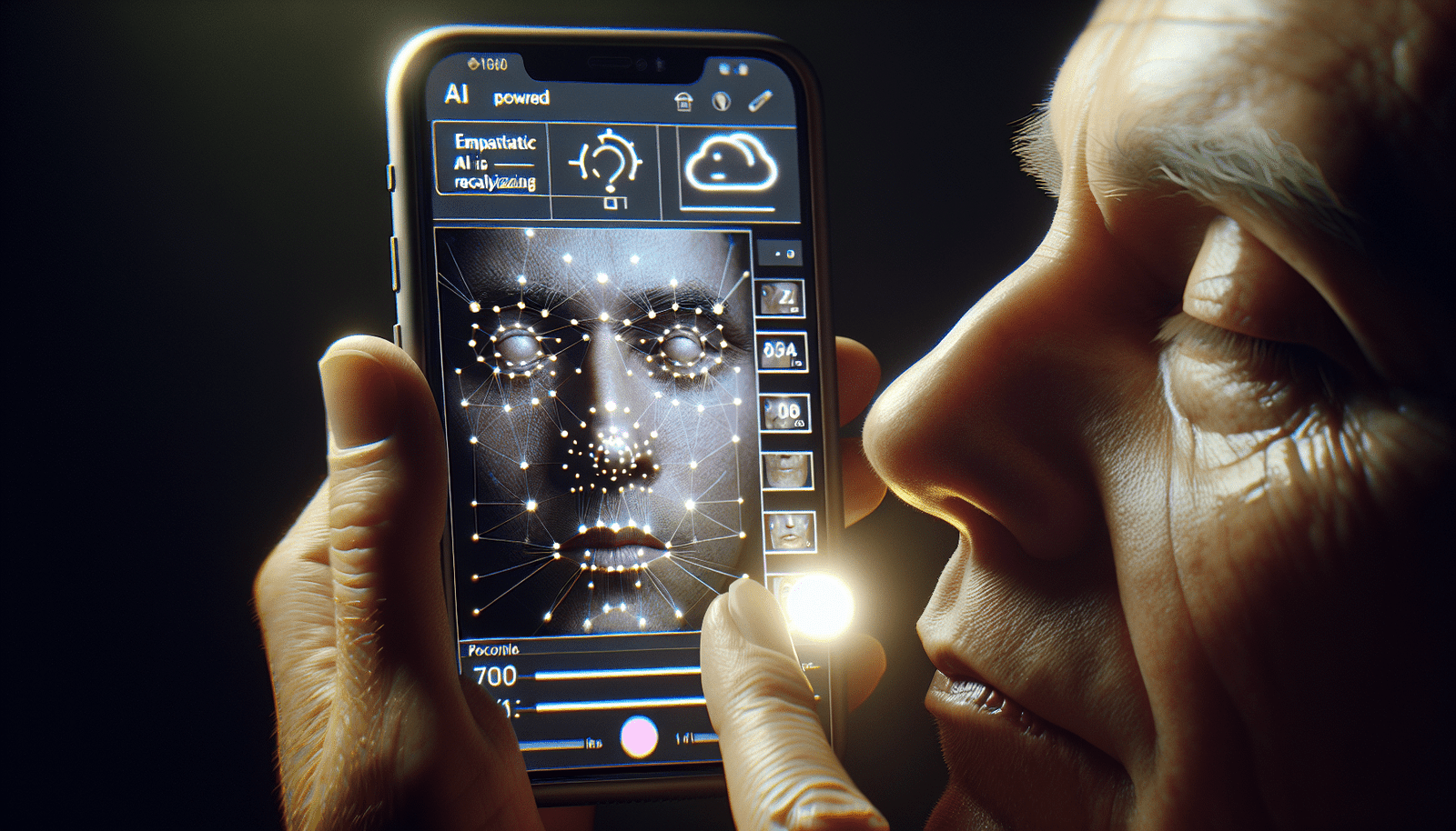 A smartphone screen displaying an AI-powered interface analyzing a subtle facial expression, surrounded by a subtle aura of calm and support, symbolizing mental health detection, empathetic AI, soft lighting, digital art, realistic.