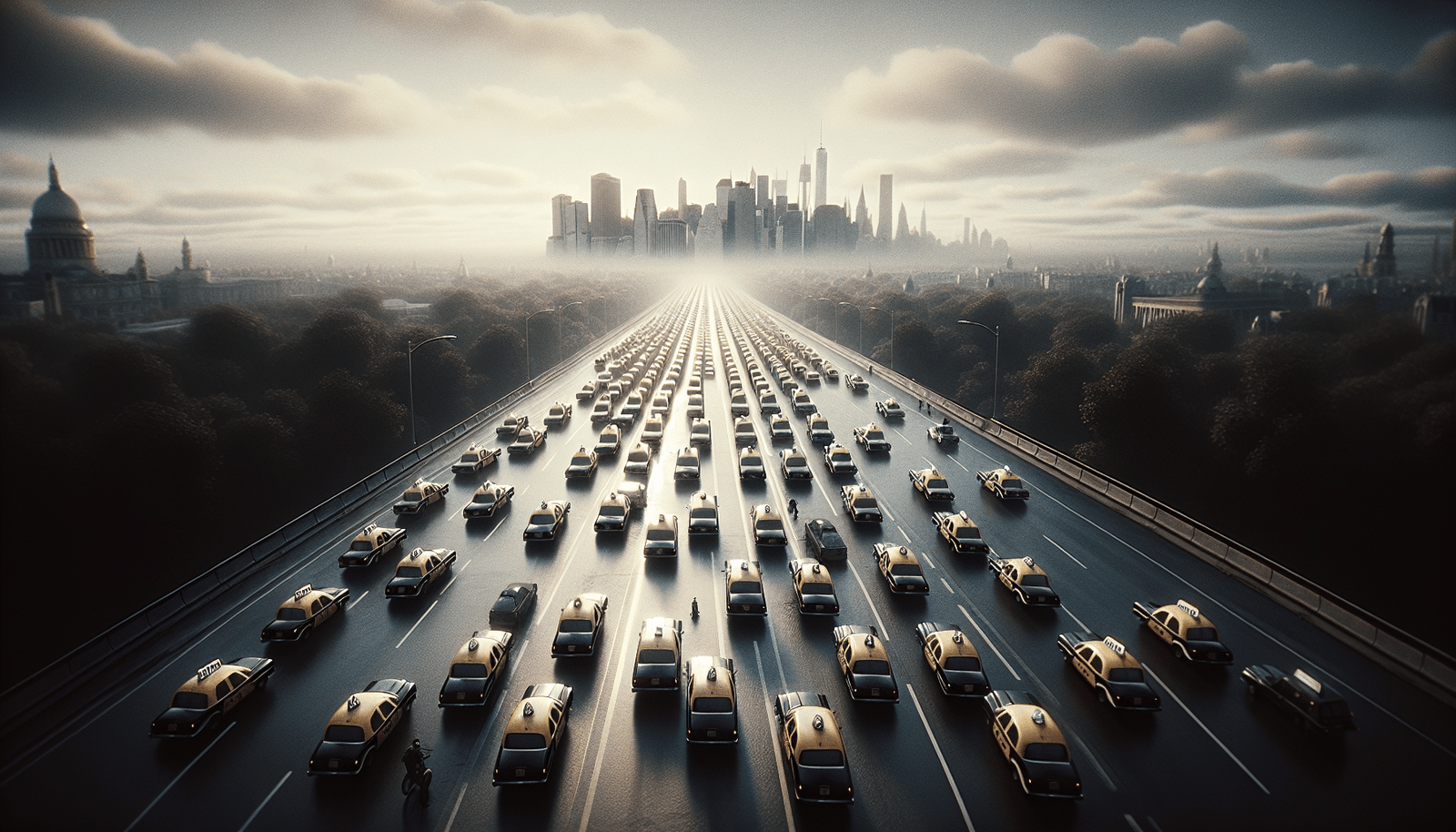 Une file de taxis noirs et blancs bloquant une autoroute (A6 ou A10) près de Paris, vue aérienne partielle, des gyrophares clignotants, un ciel légèrement nuageux. Ambiance de protestation ordonnée.