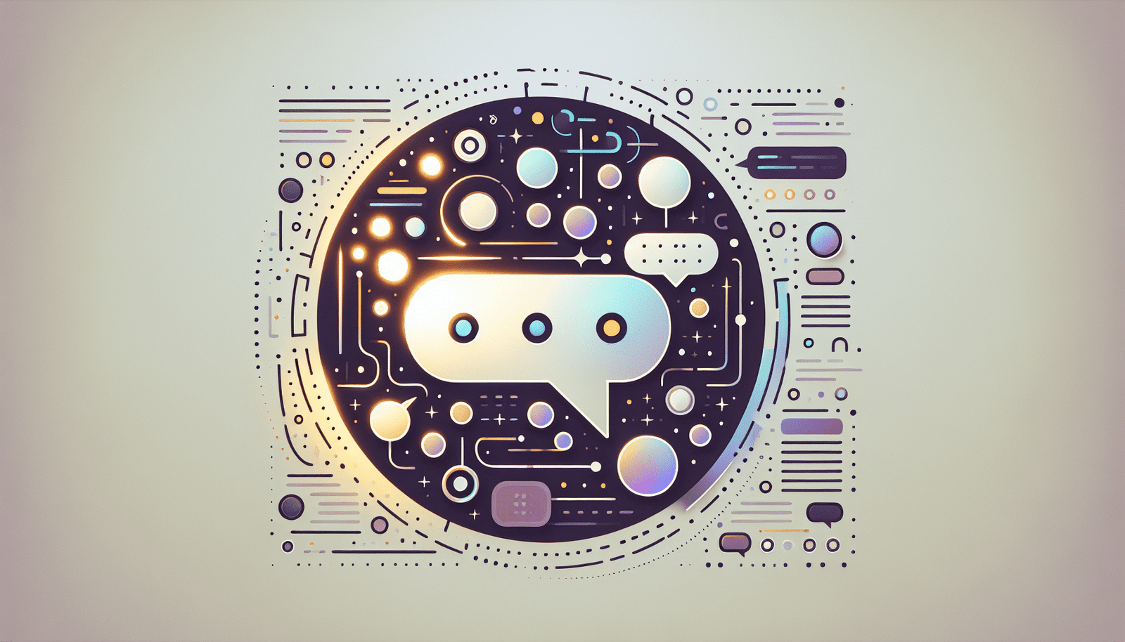 Une représentation abstraite et minimaliste d'une interface de chatbot avec une lueur douce d'IA. Des bulles de dialogue stylisées contiennent des icônes variées représentant le texte et les images, suggérant des capacités multimodales. Lignes épurées et couleurs apaisantes.