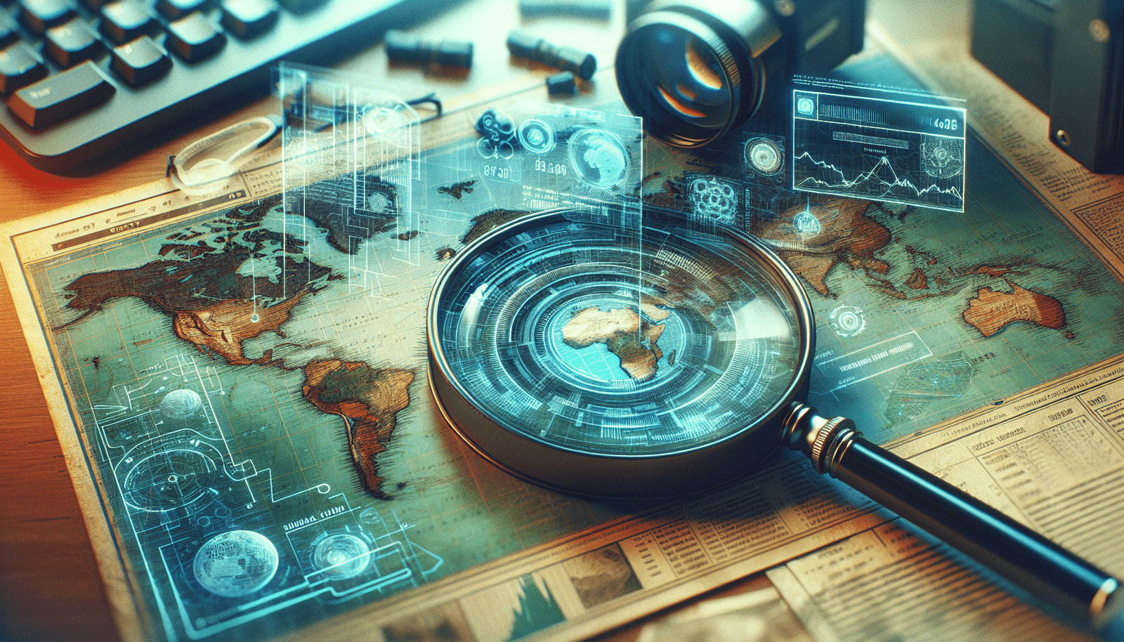 Une interface futuriste de moteur de recherche avec des hologrammes d'informations détaillées, contrastant avec une loupe traditionnelle sur une carte du monde. Des éléments d'IA et de réseau neuronal sont subtilement intégrés, le tout dans des tons bleus et verts évoquant la technologie et la précision.