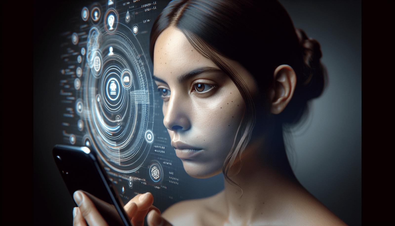 Une personne regardant intensément son smartphone ou un écran, avec des éléments de code ou des symboles d'IA s'enroulant autour d'elle, non pas de manière menaçante, mais comme une présence constante. L'image doit susciter la réflexion sur la ligne floue entre l'aide technologique et la dépendance, avec une lumière douce et introspective.