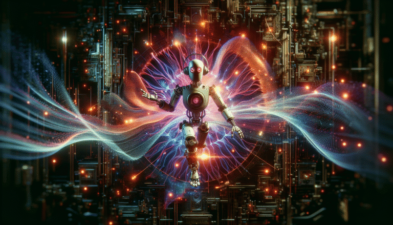 Un robot IA stylisé avec des ondes sonores et des fragments d'images émanant de son cerveau, symbolisant la génération de musique et d'images, dans un style futuriste et vibrant. Couleurs vives, fond technologique abstrait.