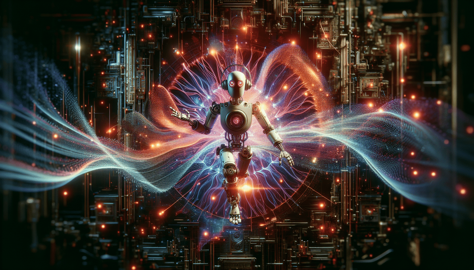 Un robot IA stylisé avec des ondes sonores et des fragments d'images émanant de son cerveau, symbolisant la génération de musique et d'images, dans un style futuriste et vibrant. Couleurs vives, fond technologique abstrait.