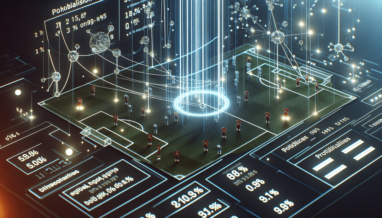 A sleek, futuristic data visualization of football probabilities, with glowing lines connecting team logos and percentages, representing algorithmic analysis. The visual should convey precision, data flow, and complex calculations.