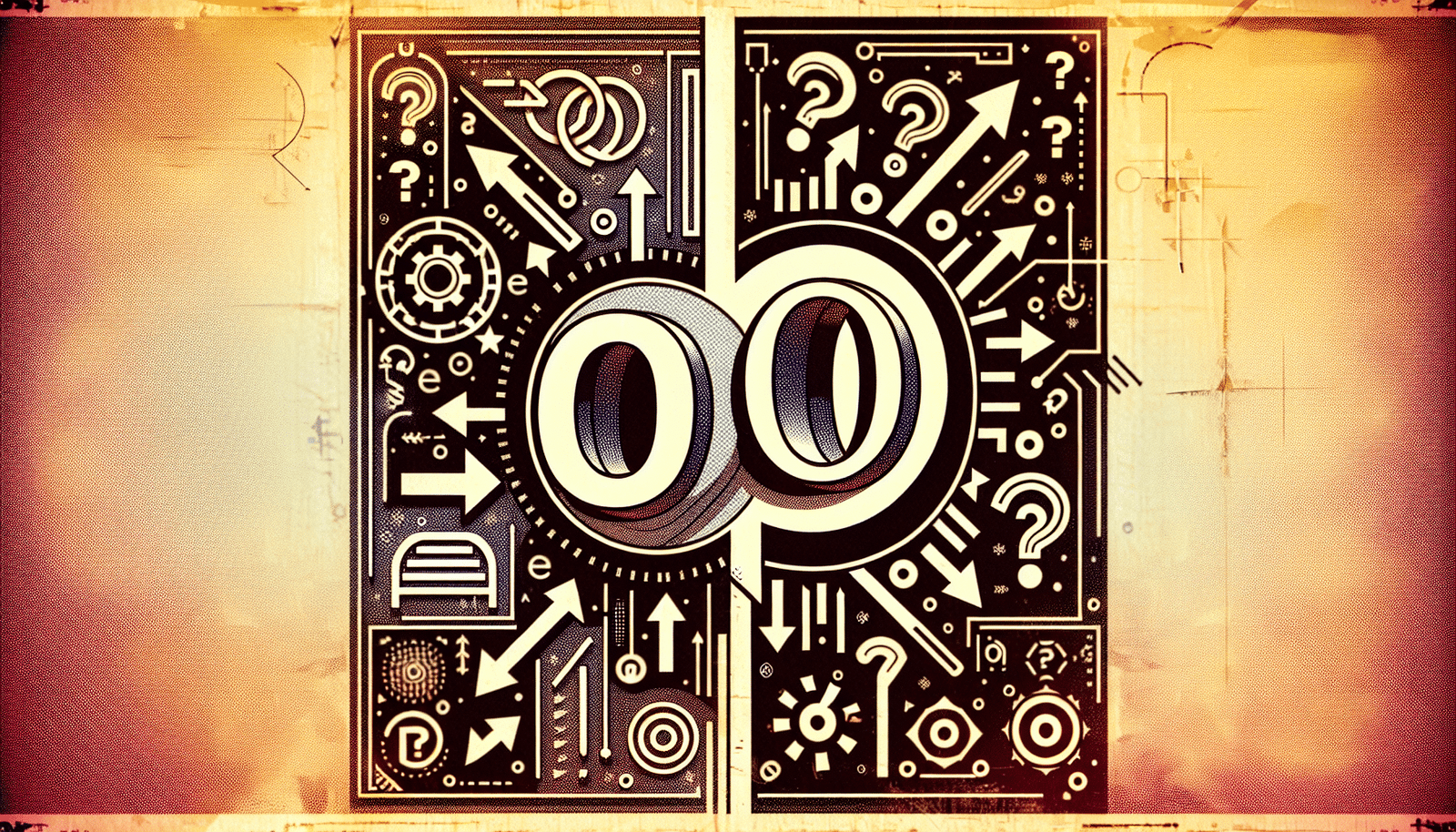 Deux logos stylisés, "iO" et "iyO", se faisant face avec des flèches abstraites et des points d'interrogation, symbolisant la confusion. L'arrière-plan présente des éléments graphiques de propriété intellectuelle et un effet de flou dynamique. Palette de couleurs modernes et contrastées.