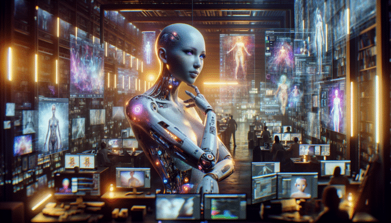 A vibrant, futuristic artist studio filled with glowing screens and holographic projections, an AI assistant creating digital art in various styles, blending technology and creativity. High detail, cinematic lighting.