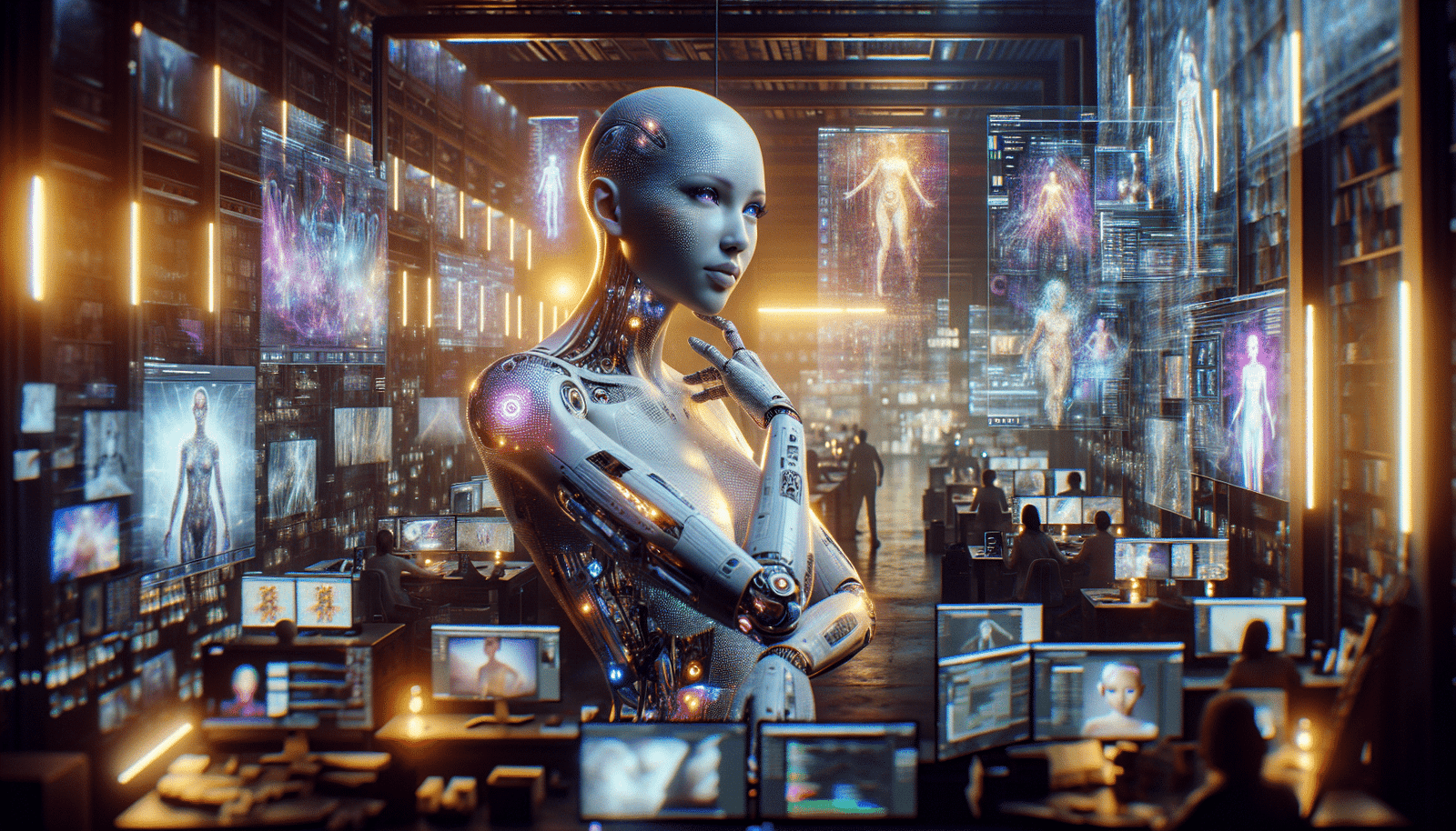 A vibrant, futuristic artist studio filled with glowing screens and holographic projections, an AI assistant creating digital art in various styles, blending technology and creativity. High detail, cinematic lighting.