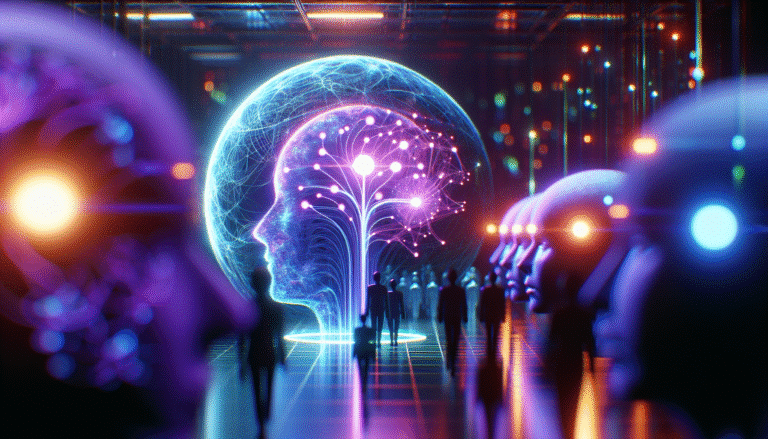 Visualisation abstraite de têtes humaines stylisées en neurones lumineux, se déplaçant d'une sphère bleue (OpenAI) vers une sphère violette (Meta), symbolisant un transfert de talent de haute valeur. Couleurs vives, dynamique, futuriste, ambiance high-tech.
