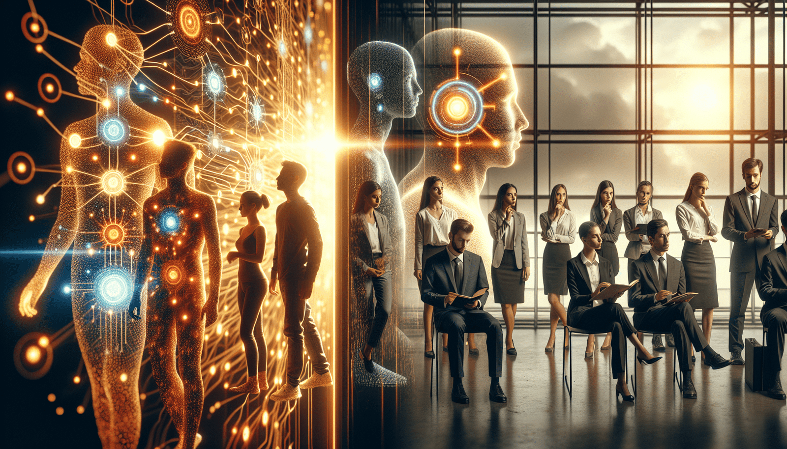 A visual metaphor contrasting two distinct groups: On one side, a bright, interconnected "digital native" Gen Z collective, seamlessly integrated with glowing AI symbols, demonstrating agility and comfort. On the other, a group of business professionals (managers) looking somewhat perplexed or cautiously observing a complex AI interface, representing a slower and more hesitant adoption phase.