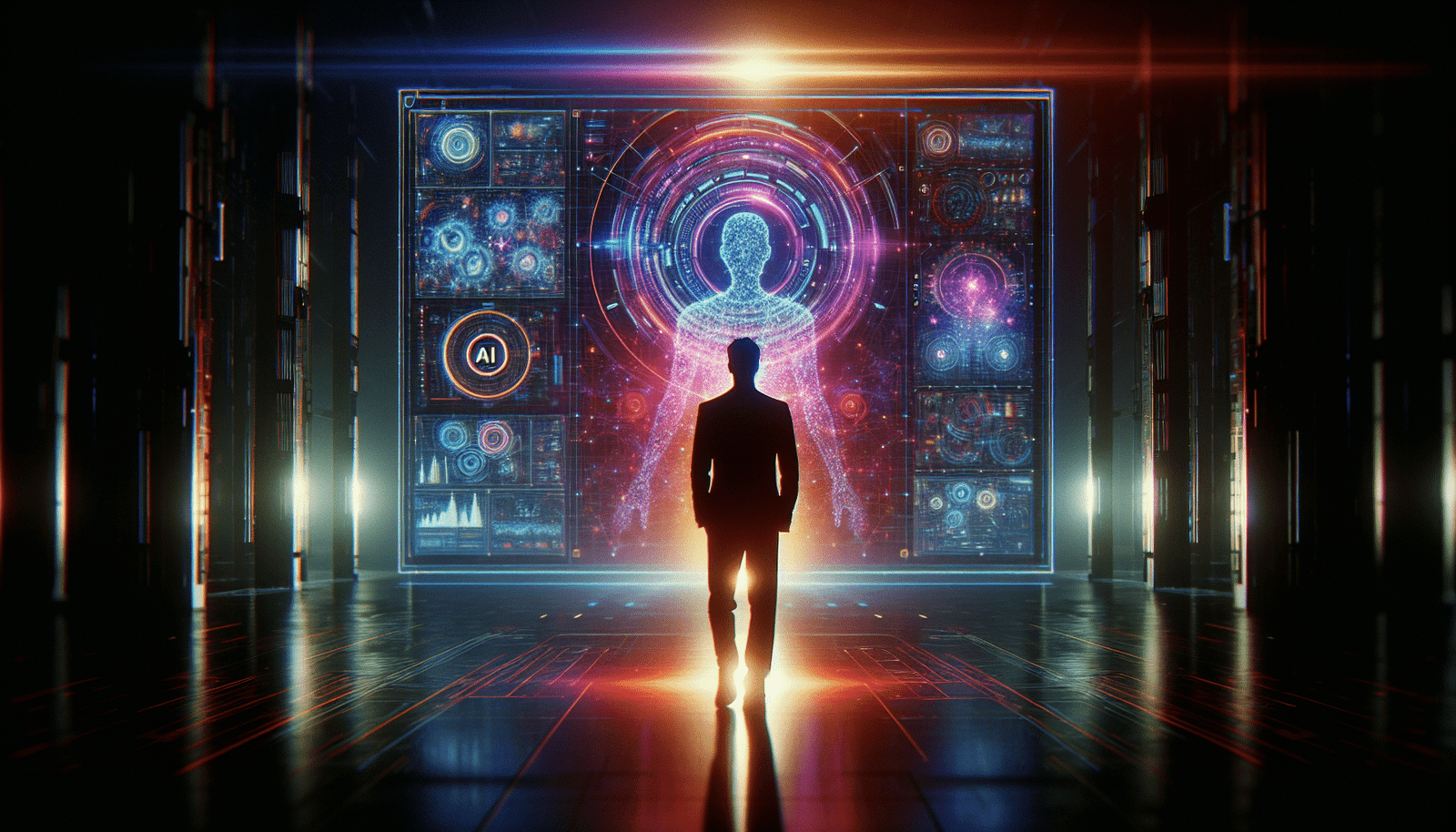 Sam Altman en silhouette devant un écran géant affichant des données complexes et des symboles futuristes d'IA, avec une aura de visionnaire. Style néon, futuriste, couleurs sombres et vives.