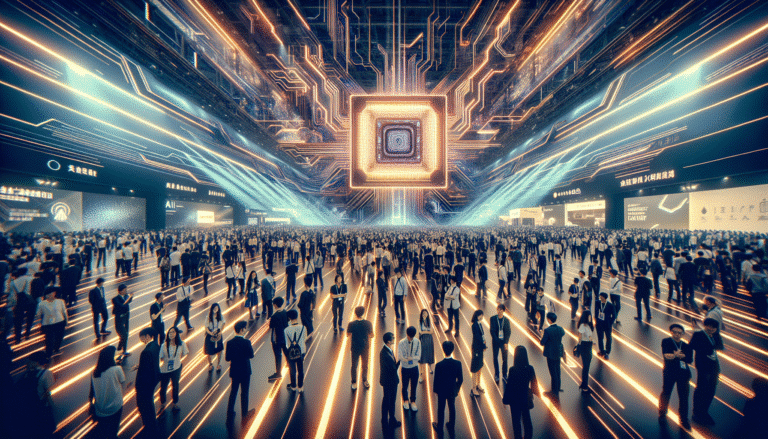 A futuristic expo hall in China, bustling with attendees. Focus on a large, glowing display showcasing a highly detailed, stylized AI chip (Nvidia B30 concept) at its center. The atmosphere is vibrant with digital lines and light, representing advanced technology and global connectivity. In the background, diverse people from various industries are networking, conveying a sense of innovation and global trade.