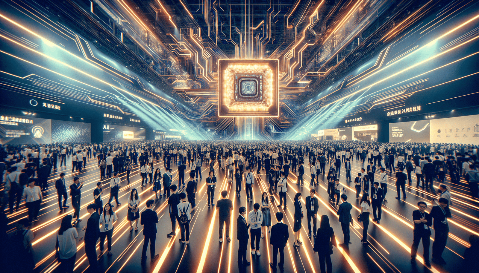 A futuristic expo hall in China, bustling with attendees. Focus on a large, glowing display showcasing a highly detailed, stylized AI chip (Nvidia B30 concept) at its center. The atmosphere is vibrant with digital lines and light, representing advanced technology and global connectivity. In the background, diverse people from various industries are networking, conveying a sense of innovation and global trade.
