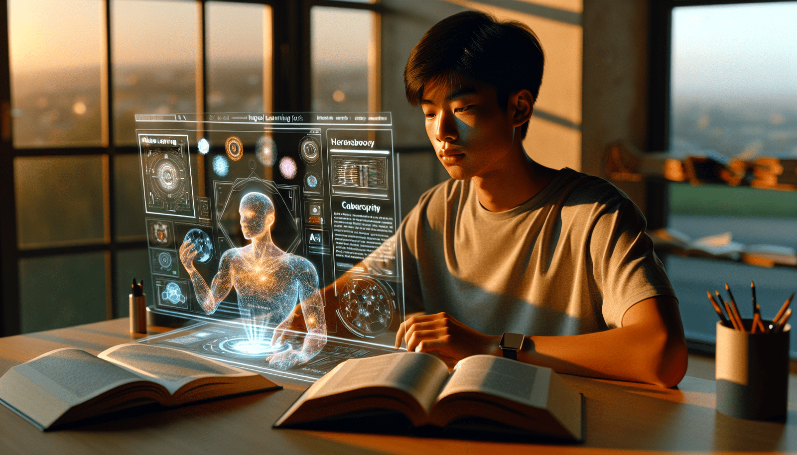 Un jeune étudiant diversifié, assis à un bureau moderne, est absorbé par un écran d'ordinateur holographique qui affiche des modèles d'IA complexes et des graphiques de cybersécurité. Autour de lui, des livres ouverts sur l'apprentissage automatique et l'éthique de l'IA. Ambiance lumineuse et inspirante, symbolisant la préparation des talents de demain pour les défis technologiques.