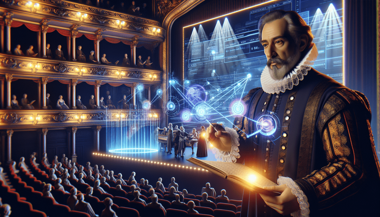 A futuristic stage where a digital representation of Moliere interacts with abstract glowing lines of data, symbolizing AI, under theatrical spotlights. High detail, vibrant colors, blend of classical art and futuristic technology.
