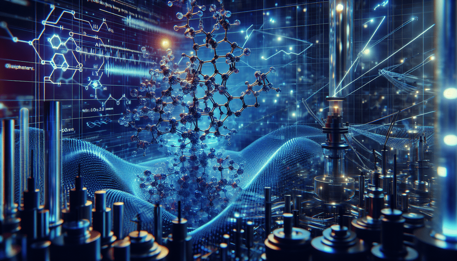 A futuristic laboratory setting with glowing molecular structures and complex AI algorithms visualized as flowing data streams, representing generative AI designing new drugs, innovative biotech, deep blue and purple tones, high-tech, abstract but realistic.