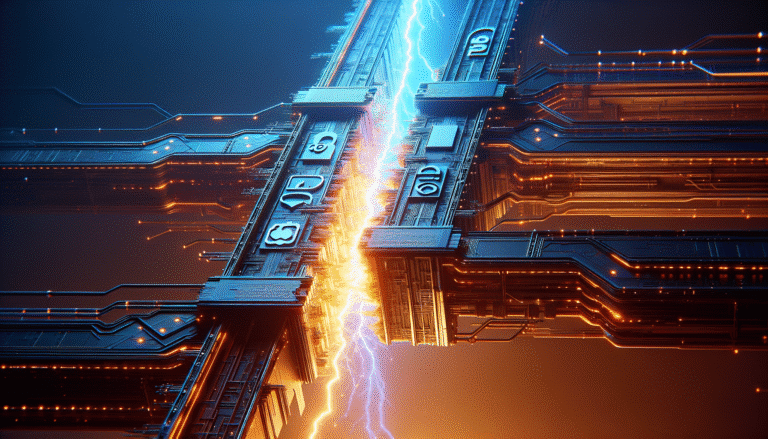 Une image conceptuelle d'un immense pont de données entre deux géants technologiques, avec une fissure lumineuse se propageant au milieu, symbolisant la rupture entre Google et Scale AI, sur fond de logos Google et Meta discrets. Les couleurs dominantes sont le bleu et l'orange, avec des lumières futuristes soulignant la tension et la transition.