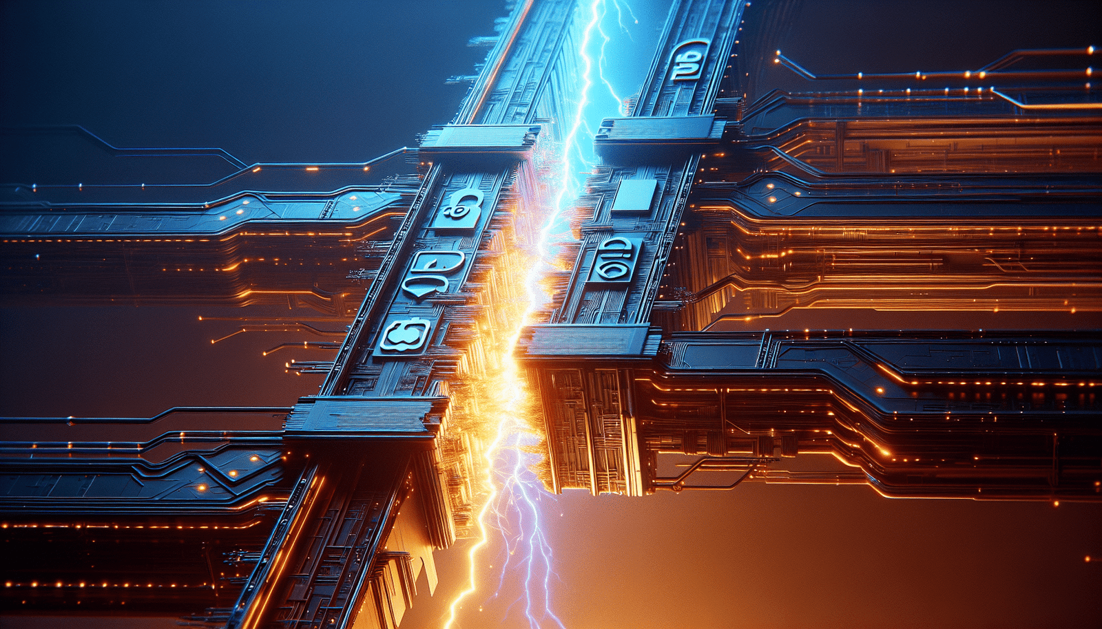 Une image conceptuelle d'un immense pont de données entre deux géants technologiques, avec une fissure lumineuse se propageant au milieu, symbolisant la rupture entre Google et Scale AI, sur fond de logos Google et Meta discrets. Les couleurs dominantes sont le bleu et l'orange, avec des lumières futuristes soulignant la tension et la transition.