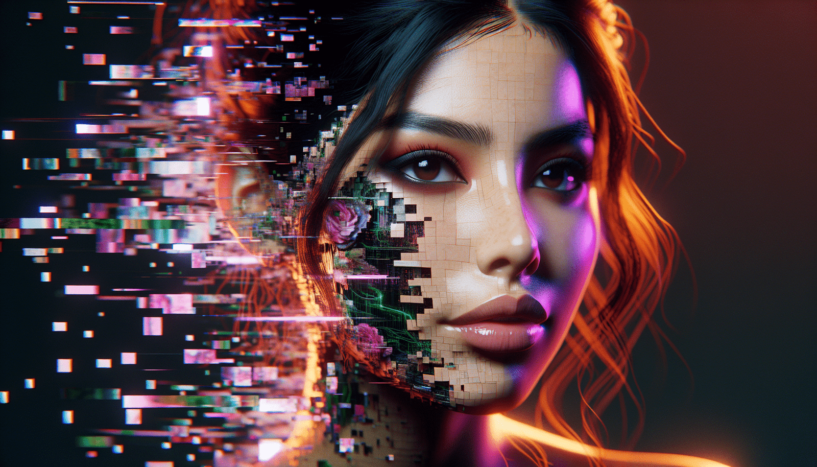 Un visage humain fragmenté en pixels qui se déforme et se reforme, avec des lignes de code se croisant autour, représentant la manipulation par deepfakes et la corruption des algorithmes d'IA. Couleurs vives et dérangeantes, effet glitchy.
