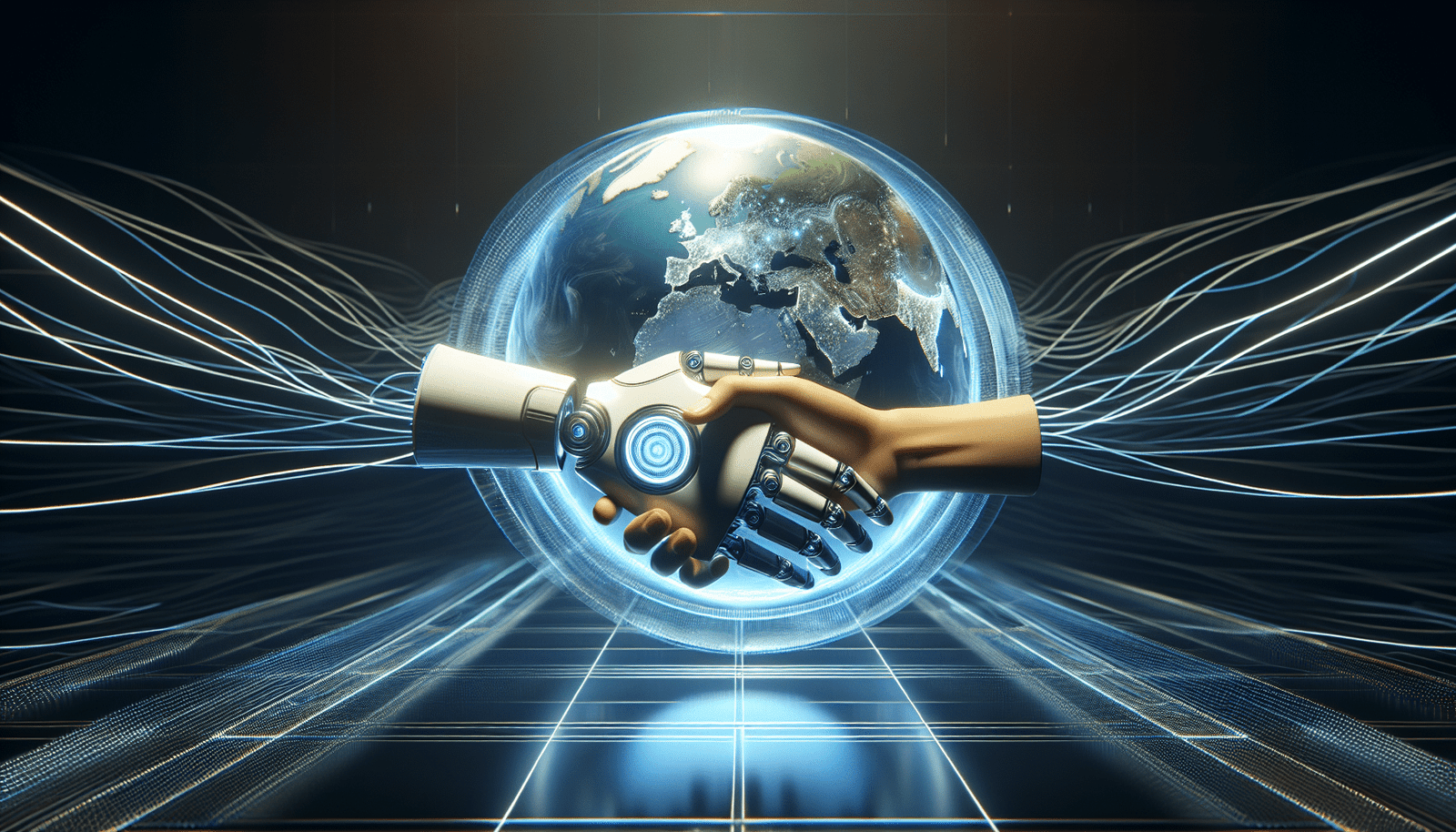 Une main humaine et une main robotique se serrent au-dessus d'un globe terrestre stylisé, traversé par des ondes de données. Cela représente la collaboration et la diffusion mondiale de l'information grâce à l'IA. Style : futuriste, symbolique, tons bleus et blancs.