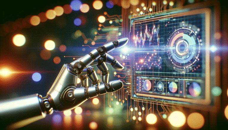 Une main robotique stylisée tendue vers un écran vidéo futuriste, projetant des données et des graphiques de croissance en temps réel, symbolisant l'IA accélérant la production vidéo et le marketing. L'image est dynamique, aux couleurs vives et futuristes, avec un arrière-plan flou de circuits imprimés lumineux.