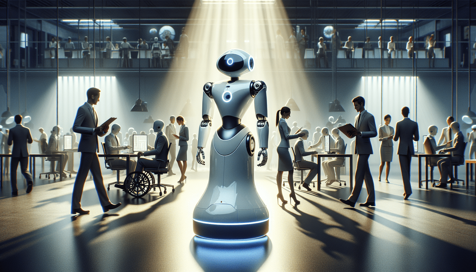 Des robots assistants IA autonomes, aux formes élégantes et futuristes, interagissant de manière fluide dans un environnement commercial stylisé, gérant des processus complexes tandis que des humains se concentrent sur des tâches créatives en arrière-plan, symbolisant une collaboration homme-machine harmonieuse dans un grand espace ouvert.