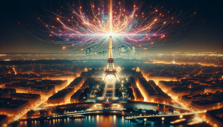 Une image dynamique et futuriste intégrant la Tour Eiffel dans un réseau neuronal lumineux, symbolisant l'innovation française en IA. Des lignes numériques brillantes convergent vers une structure centrale ressemblant à un cerveau, avec une composition ascendante et optimiste. Couleurs vives et technologie de pointe.