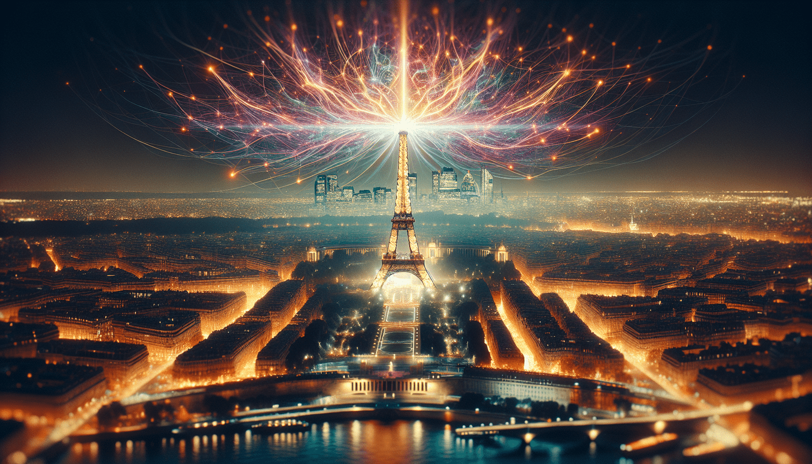 Une image dynamique et futuriste intégrant la Tour Eiffel dans un réseau neuronal lumineux, symbolisant l'innovation française en IA. Des lignes numériques brillantes convergent vers une structure centrale ressemblant à un cerveau, avec une composition ascendante et optimiste. Couleurs vives et technologie de pointe.