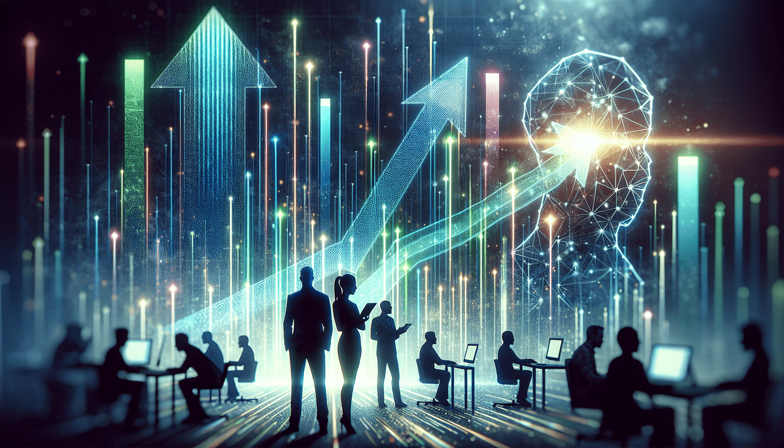 Une interface stylisée de ChatGPT avec des flèches montantes et des barres graphiques lumineuses, symbolisant la croissance exponentielle. Des silhouettes d'entrepreneurs et d'individus utilisant des outils d'IA en arrière-plan. L'ambiance est dynamique et innovante.