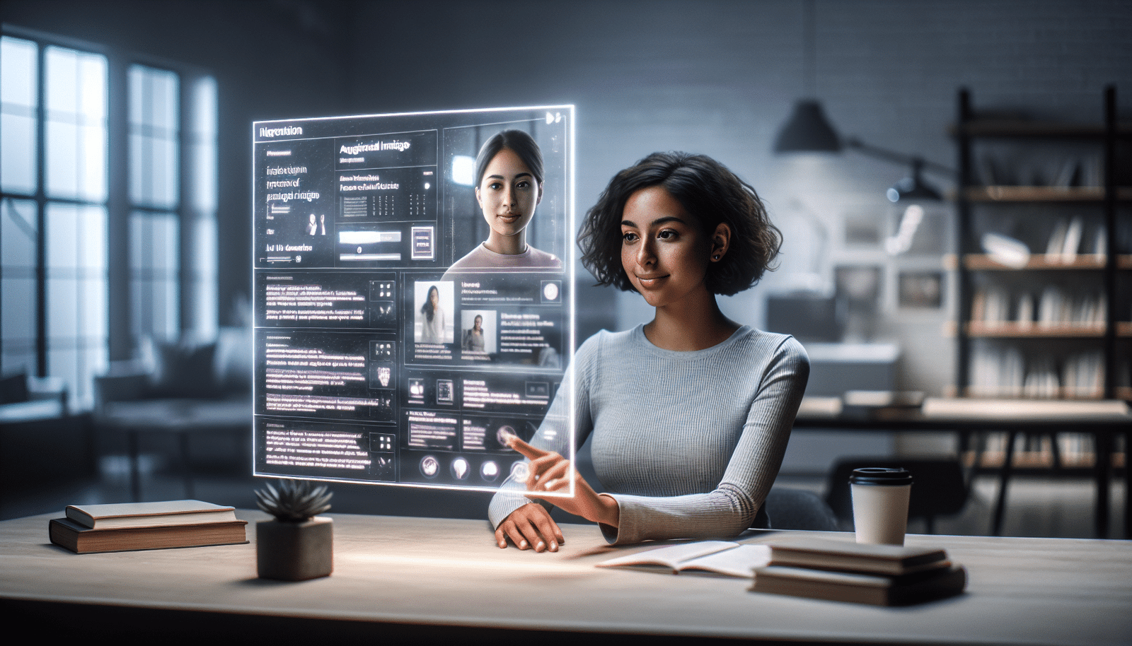 A student sitting at a modern desk, surrounded by holographic data screens displaying articles, research papers, and news feeds. A subtle, friendly AI interface assists them, showcasing personalized content and complex data analysis. Focus on learning, research, and augmented intelligence in a clean, inspiring setting.