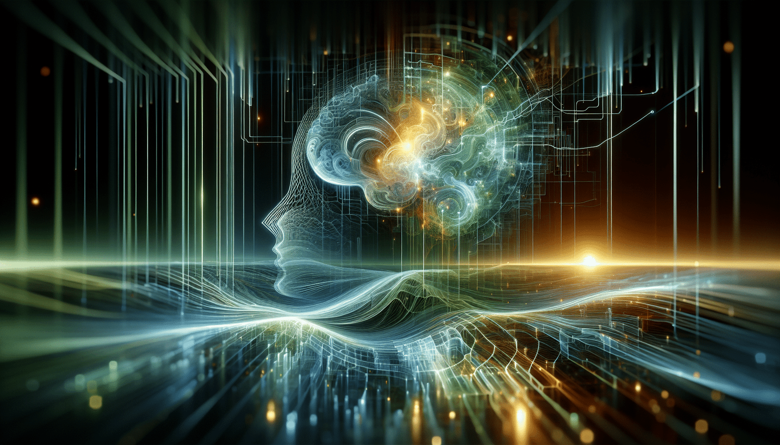 Visuel abstrait mais compréhensible, représentant l'intelligence artificielle "pensant" ou "analysant" une image. Des algorithmes complexes sont symbolisés par un réseau de neurones lumineux et des lignes de code se transformant en éléments visuels harmonieux, comme des dégradés de couleurs fluides ou des formes douces. L'ambiance est sereine et puissante, avec des reflets de lumière sur des surfaces numériques. Palette de vert émeraude, de bleu océan et de touches dorées, évoquant l'innovation et la transformation.