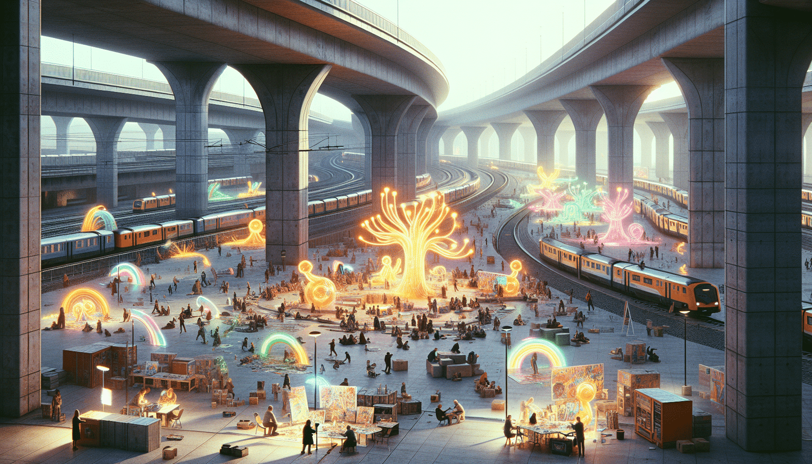 Une scène vibrante et colorée d'un événement artistique en plein air sur un chantier de gare futuriste, avec des sculptures lumineuses, des artistes de rue, et une foule joyeuse. Ambiance de fête et d'innovation urbaine.
