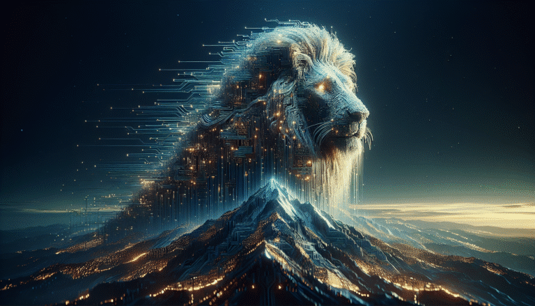 Un majestueux lion numérique, dont la crinière est composée de lignes de code complexes et de lumières scintillantes, se tient fier au sommet d'une montagne faite de circuits imprimés, symbolisant la domination de Meta dans l'IA. Ambiance futuriste et puissante, couleurs bleues et dorées.