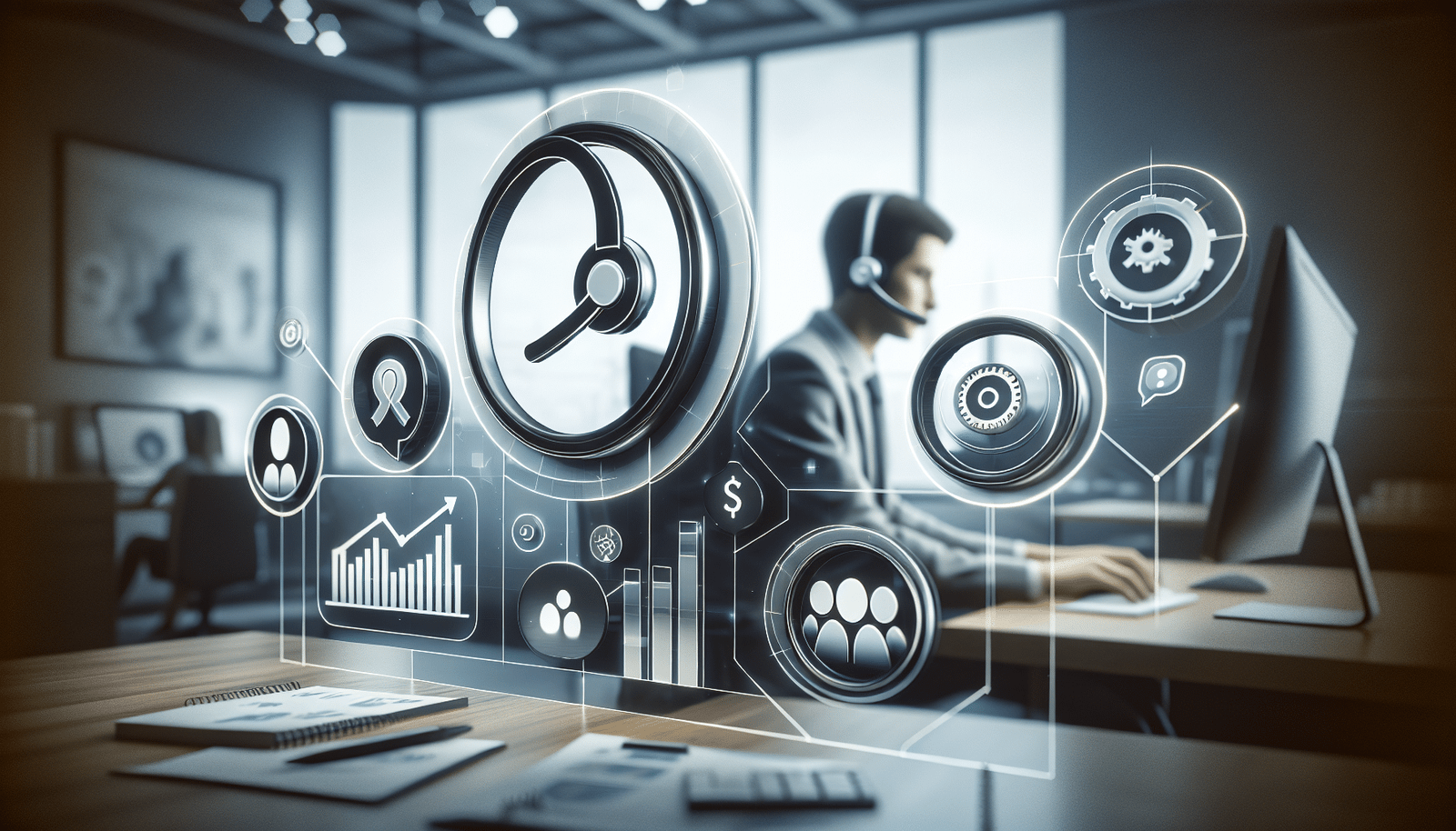 Des icônes symbolisant l'assistance client (casque, bulle de dialogue) et l'analyse de données marketing (graphiques, statistiques) fusionnant avec le logo stylisé de Google Bard, le tout dans un environnement de bureau moderne, clair et professionnel.