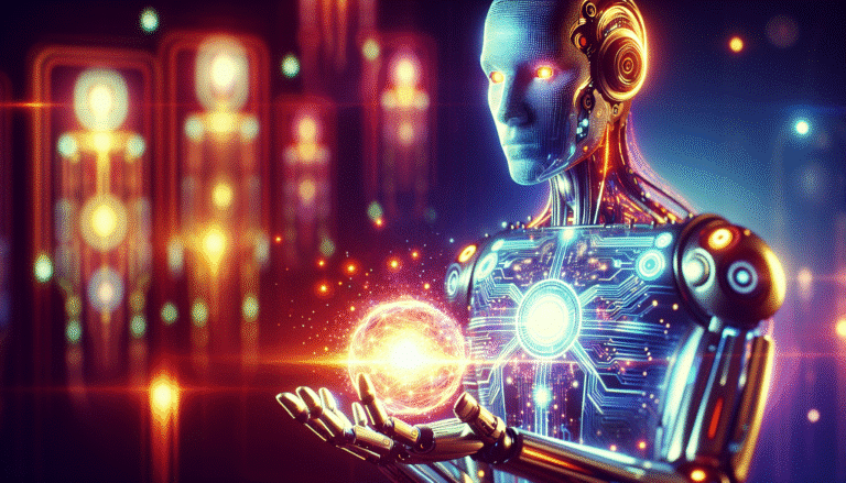 visuel Discover >1200px, Un robot humanoïde stylisé avec des circuits lumineux, tenant dans ses mains une sphère d'énergie étincelante. En arrière-plan, des silhouettes floues de logos d'entreprises technologiques géantes (OpenAI, Google), comme dépassées par la lumière émanant du robot. Ambiance futuriste et dynamique, couleurs vives et effets de profondeur.