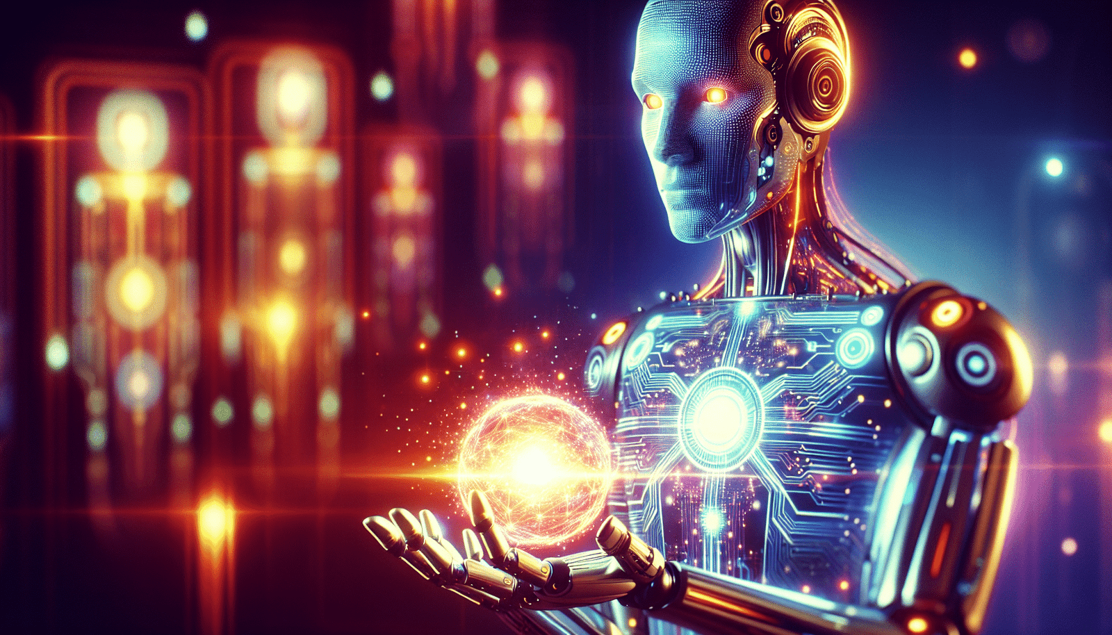 visuel Discover >1200px, Un robot humanoïde stylisé avec des circuits lumineux, tenant dans ses mains une sphère d'énergie étincelante. En arrière-plan, des silhouettes floues de logos d'entreprises technologiques géantes (OpenAI, Google), comme dépassées par la lumière émanant du robot. Ambiance futuriste et dynamique, couleurs vives et effets de profondeur.